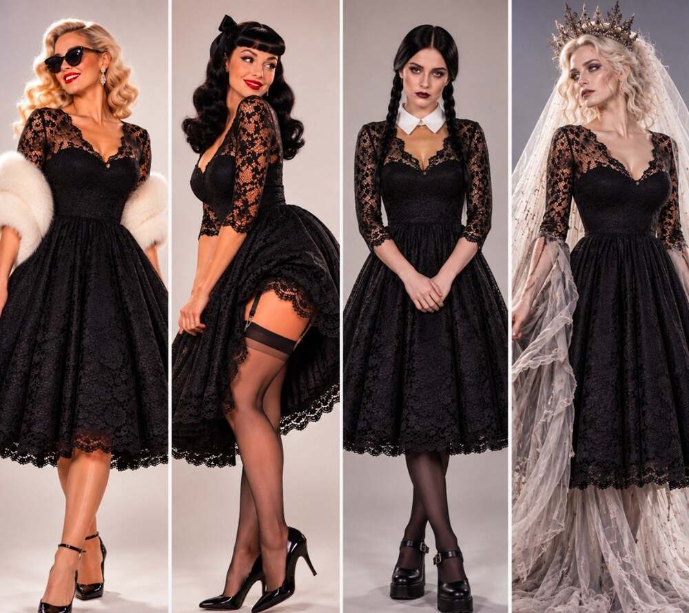 ModCloth Black Lace Fit Flare Dress Size 8 NWT Goth Costume Prom 50s Pinup Star